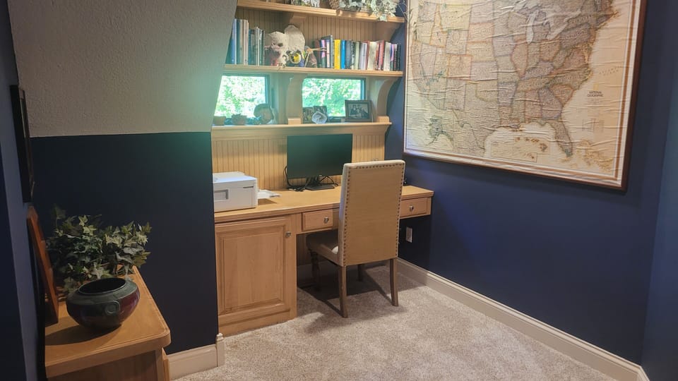 Workspace with printer and monitor