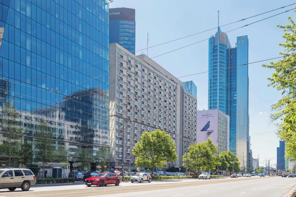 Office buildings and city surroundings.