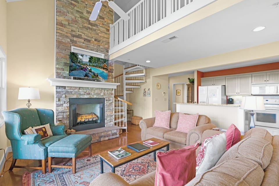 Living Room--- Cozy Fireplace and TV