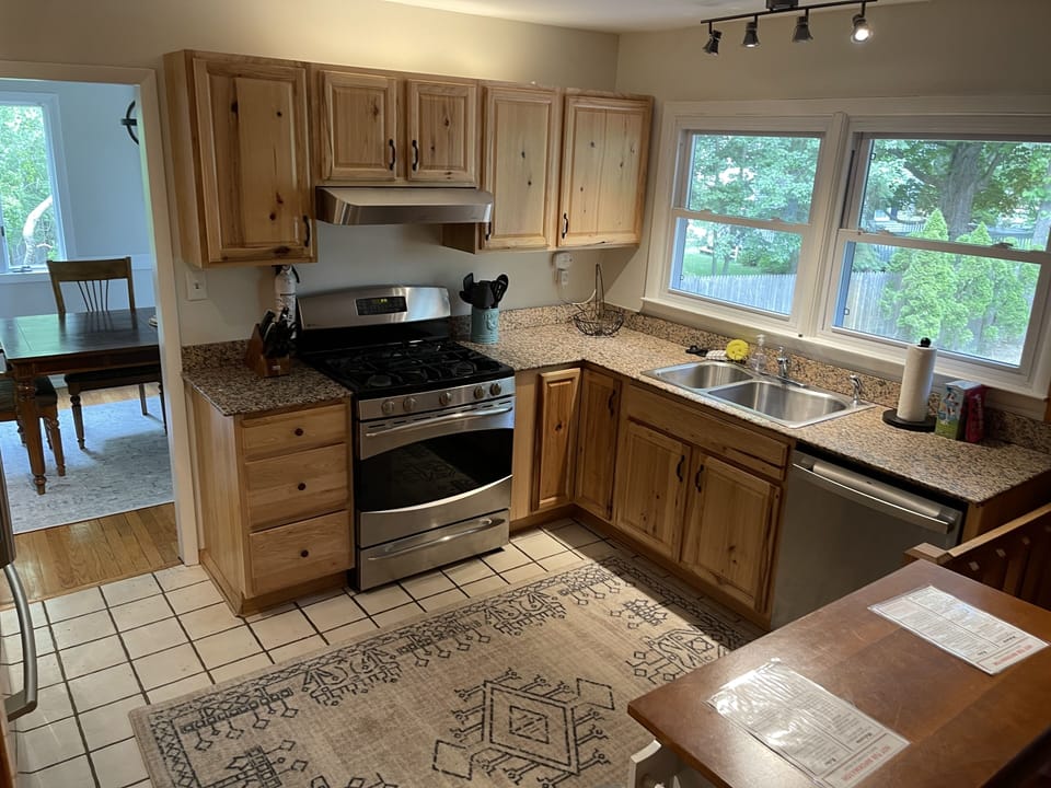 Stainless steel appliances and a view into the back yard.