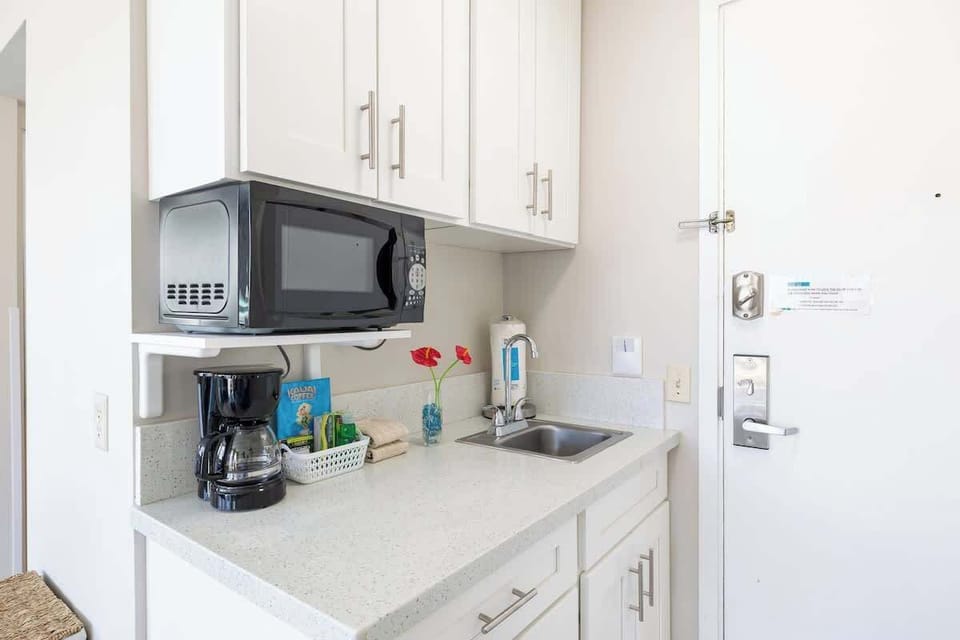 Kitchenette with mini fridge, microwave, toaster, coffee maker, kettle, blender and rice cooker. (no hot plate for cooking)