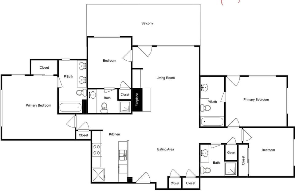 Spacious floor plan shows multiple bedrooms, baths, and living areas perfect for your group getaway.