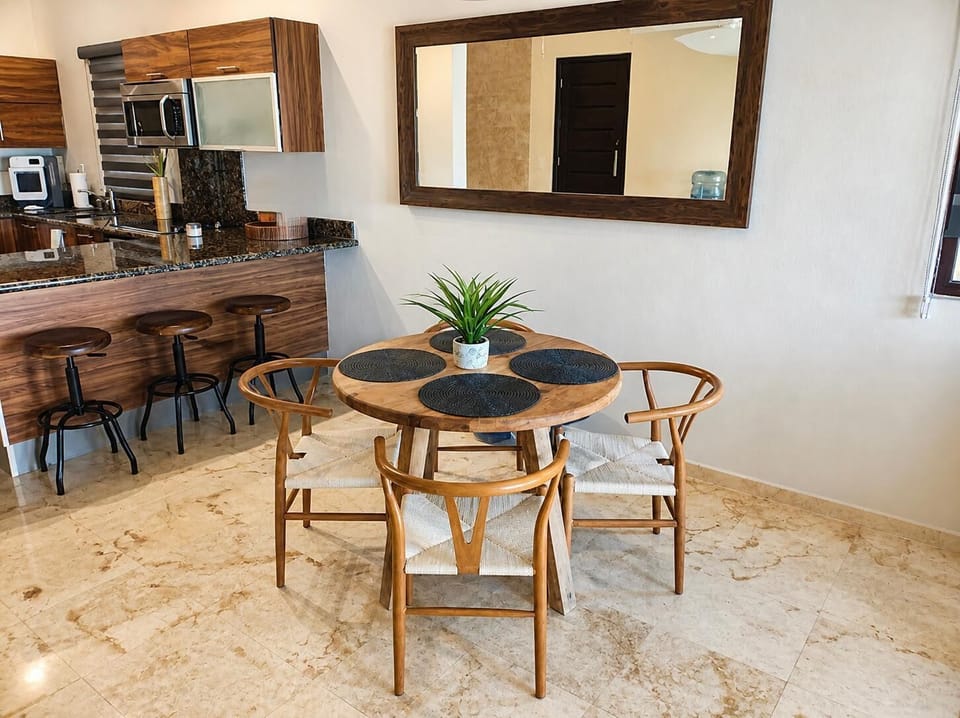 Charming dining area with warm wood accents.