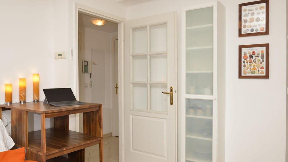 View from living room to internal hallway.