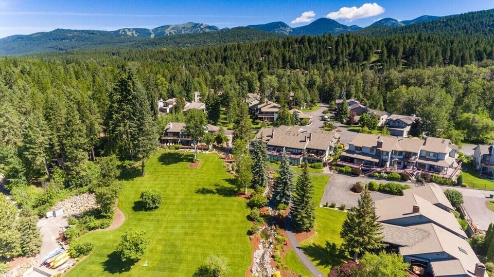 Drone view of Mountain Harbor with Big Mountain in the background