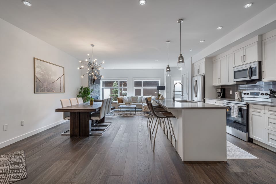 Open concept living room and kitchen and dining area