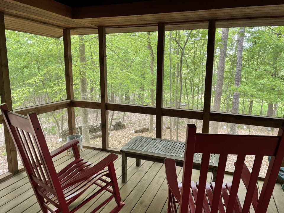 The view of the cabins screened porch during the burst of Spring foliage 