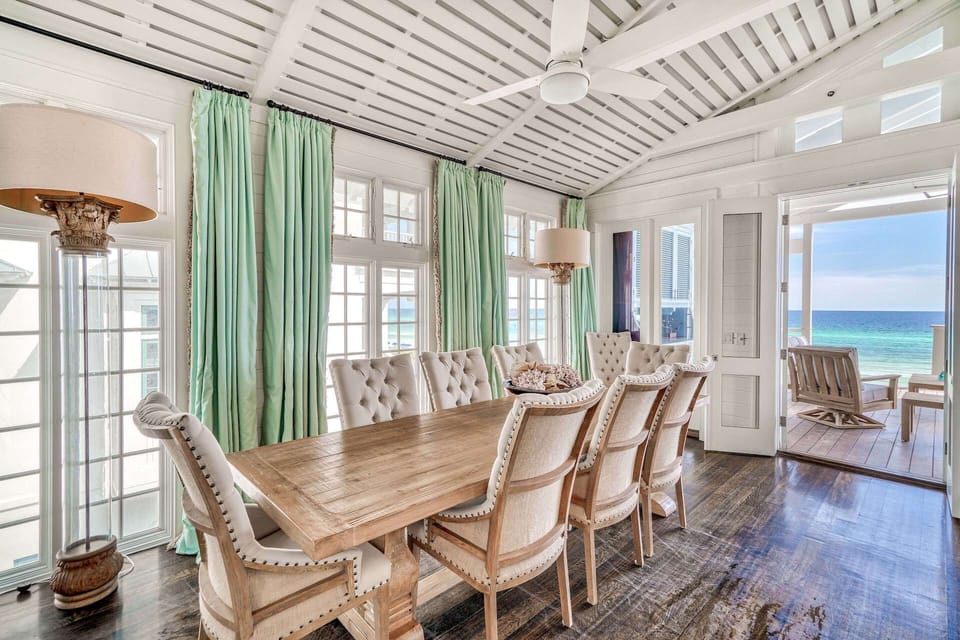 Dining table are near the full kitchen