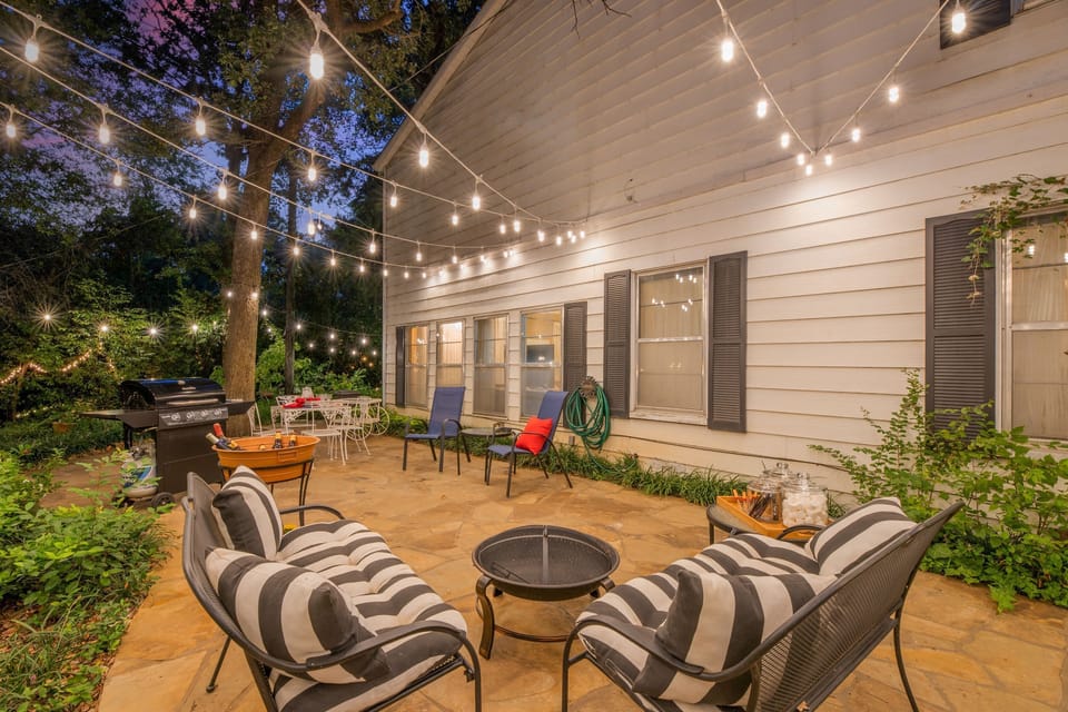 Sandstone patio with BBQ grill and firepit