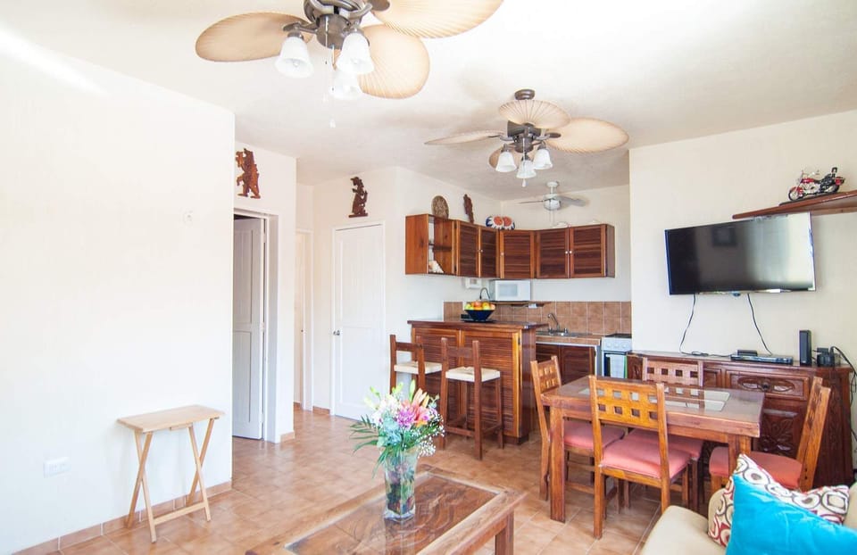 Open living/dining area with small kitchen