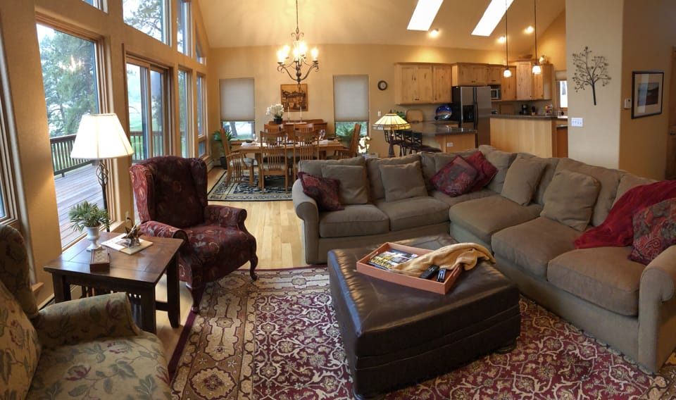 Light and bright great room! High vaulted ceiling, wall of windows and skylights