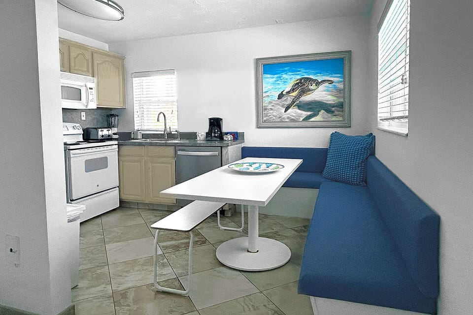 Kitchen has full size appliances and everything you need to cook and serve meals