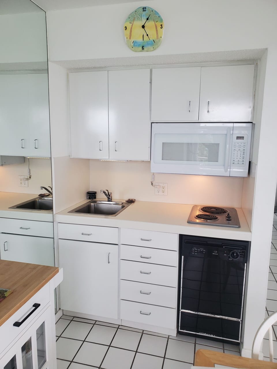 Dishwasher, microwave, 2 burner electric stovetop, small sink.