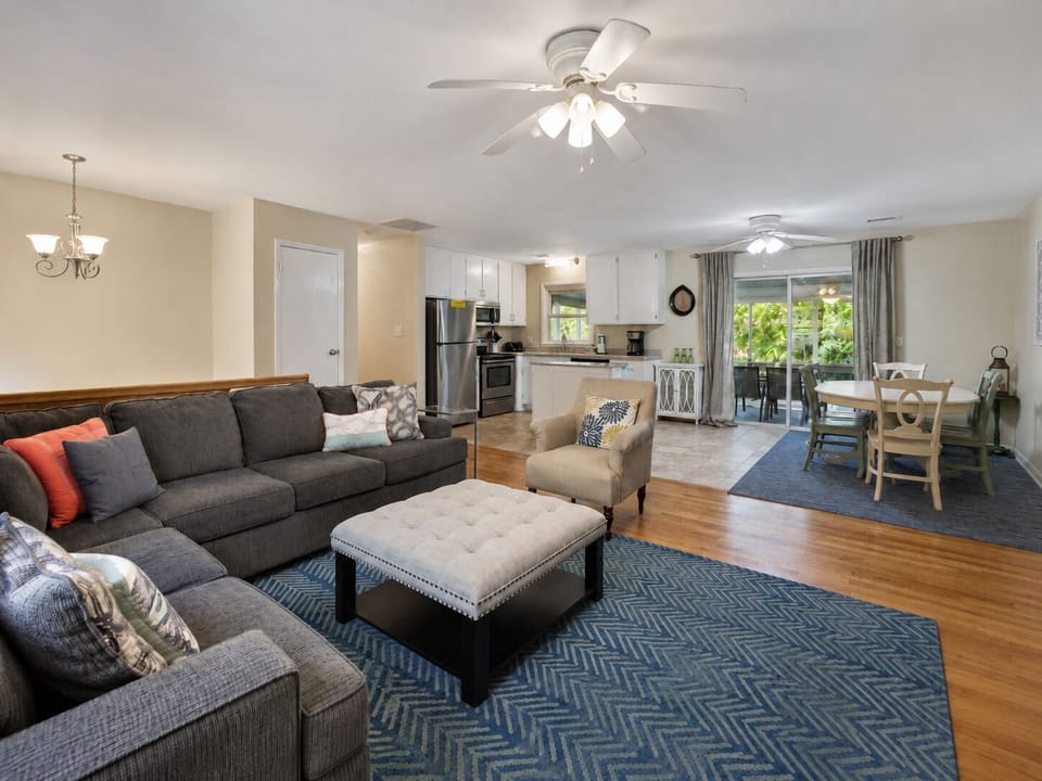 Open-concept living, dining and kitchen area.