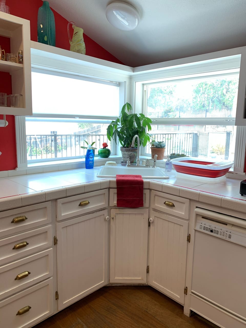 Farmhouse sink overlooking the pool