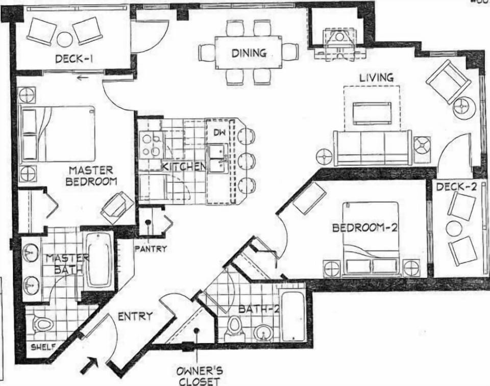 A floor plan layout revealing your two-bedroom retreat with open living spaces, full kitchen, and dual private decks perfect for morning coffee or evening relaxation.