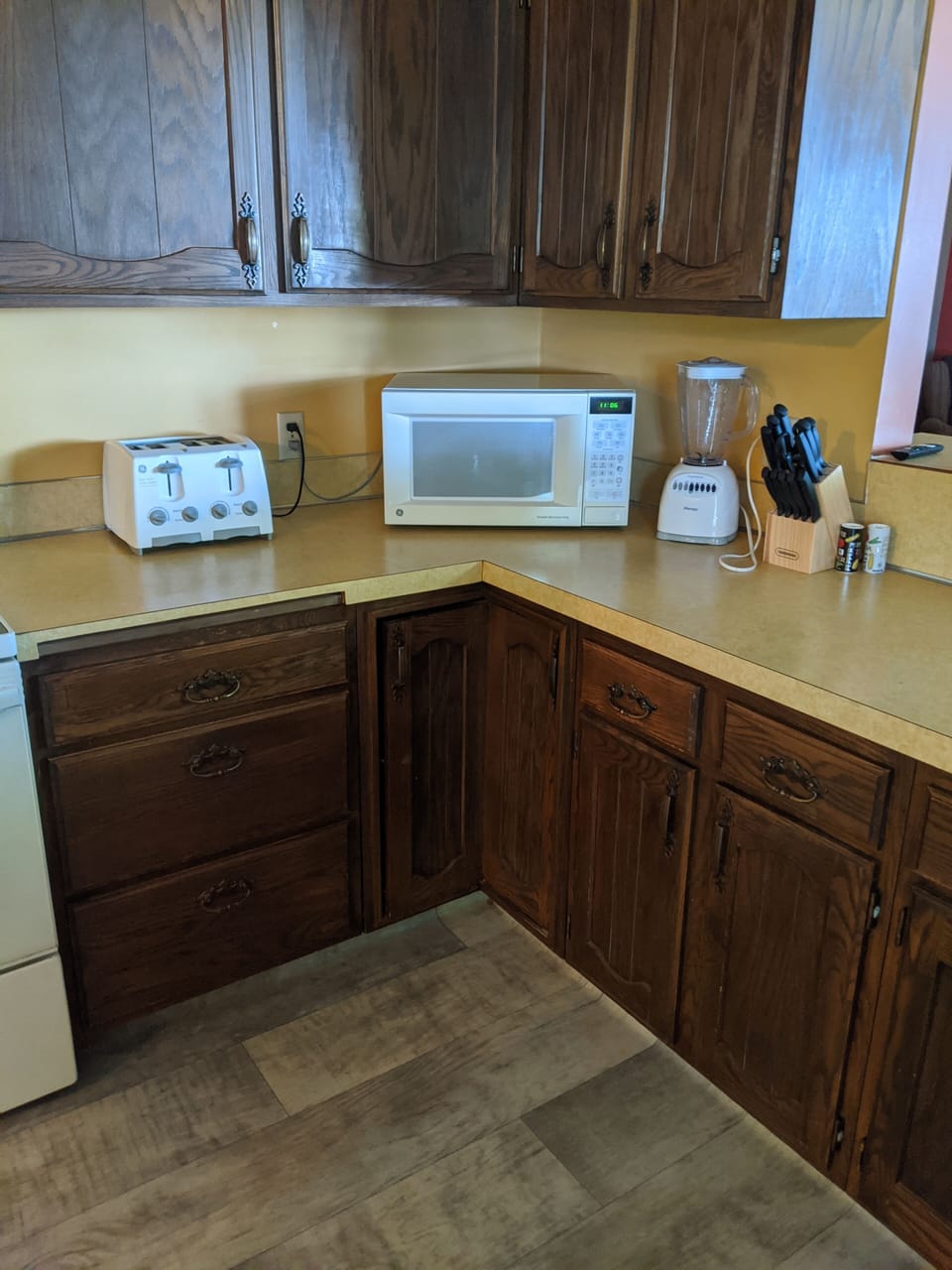 toaster, microwave, blender, knife block