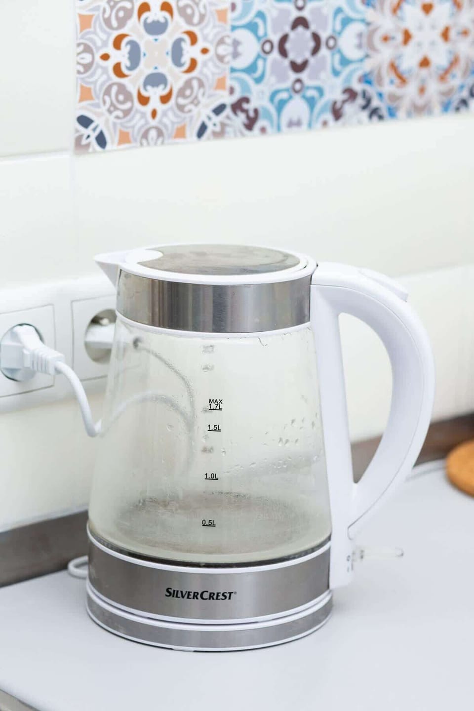 Close-up of an electric kettle.
