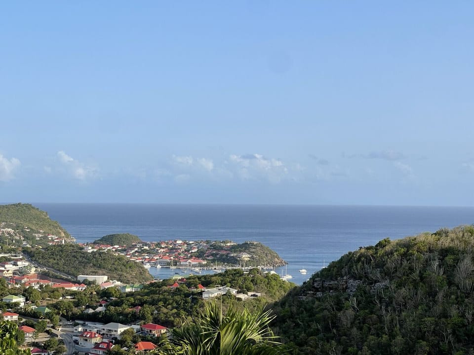 View from the terrace overlooking the sea and the port of Gustavia, south-facing.