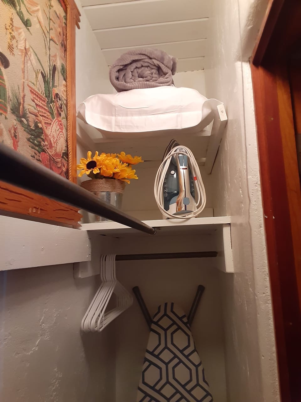 An iron and ironing board can be found in the closet