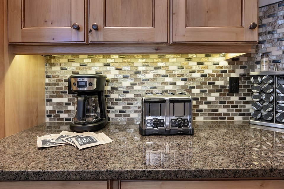 Out home is equipped with a drip coffee maker and a large toaster