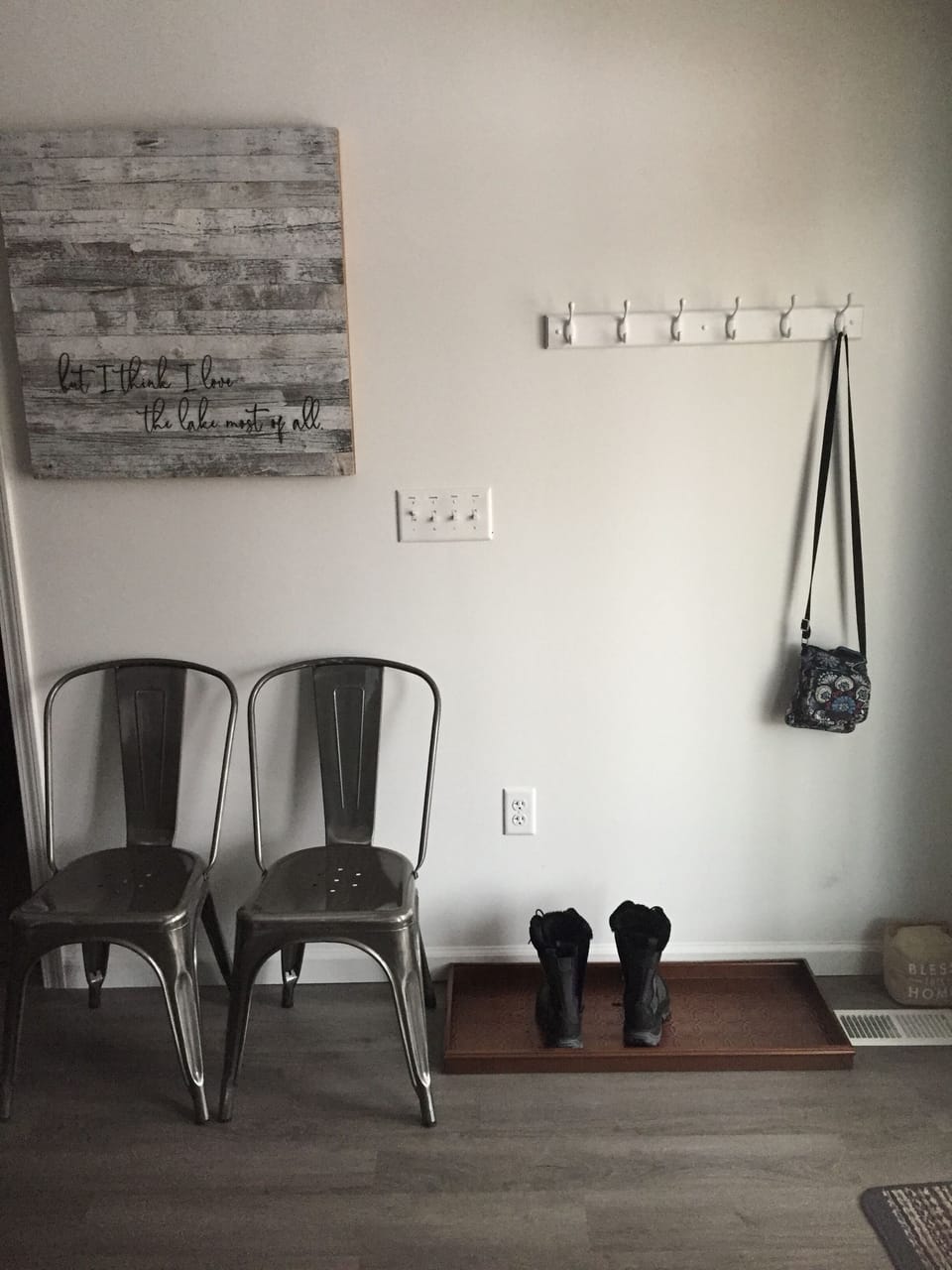 The entry area, just inside the double doors to the porch.