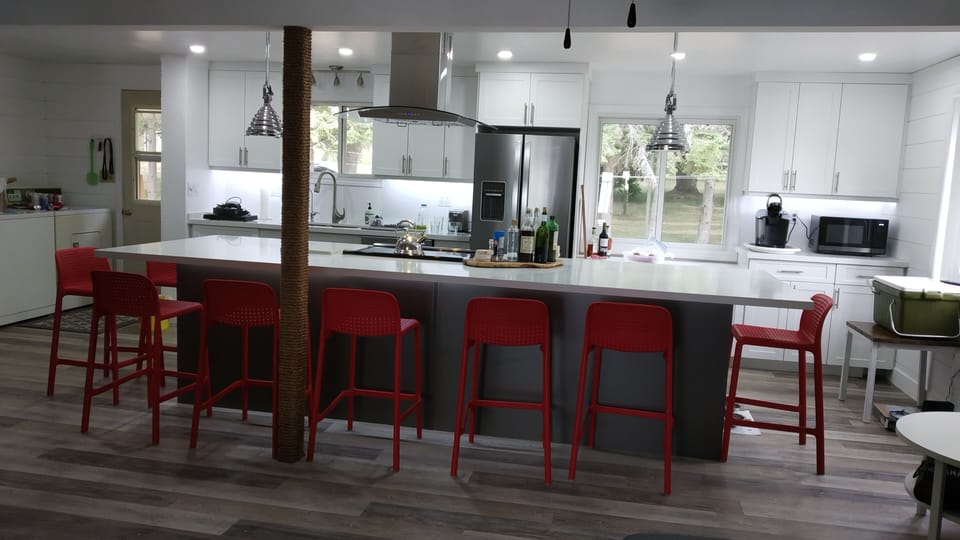 Kitchen with seating for 8.