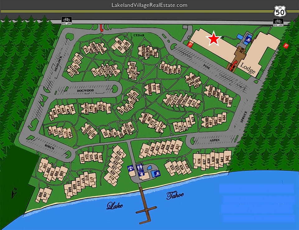 Lakefront vacation community map showcasing numerous rental buildings near Lake Tahoe's pristine shoreline.