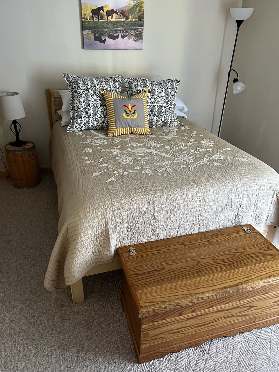Lower level queen bed with bunk beds