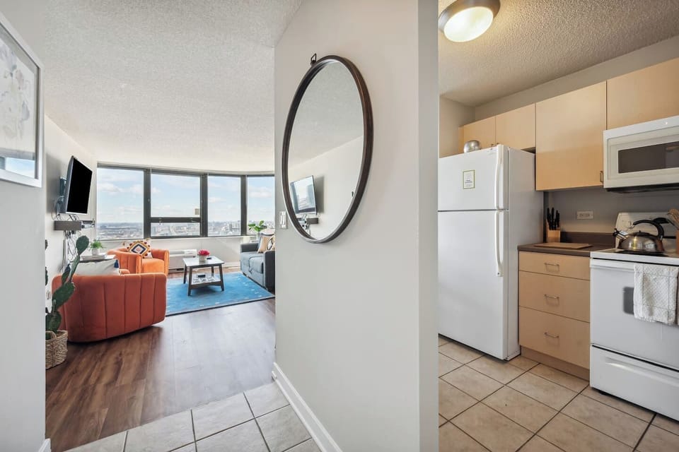 Aesthetic view of the living room and kitchen.