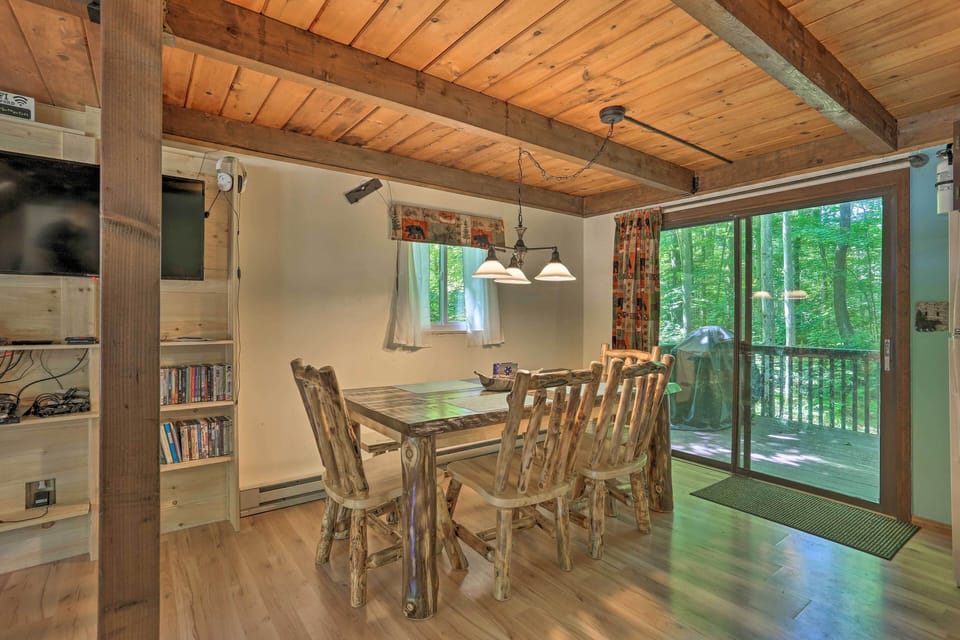 Sit at the formal dining table to enjoy a home-cooked meal.