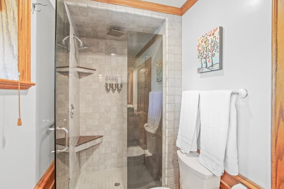 Guest bathroom is adjacent to two bedrooms on the guest wing of the house. Custom handcrafted woodwork along with premium towels, toiletry supplies await you. Please ask about any special accommodations if needed.