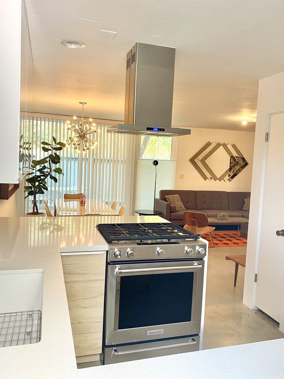 Kitchen area looking onto dining area and living room