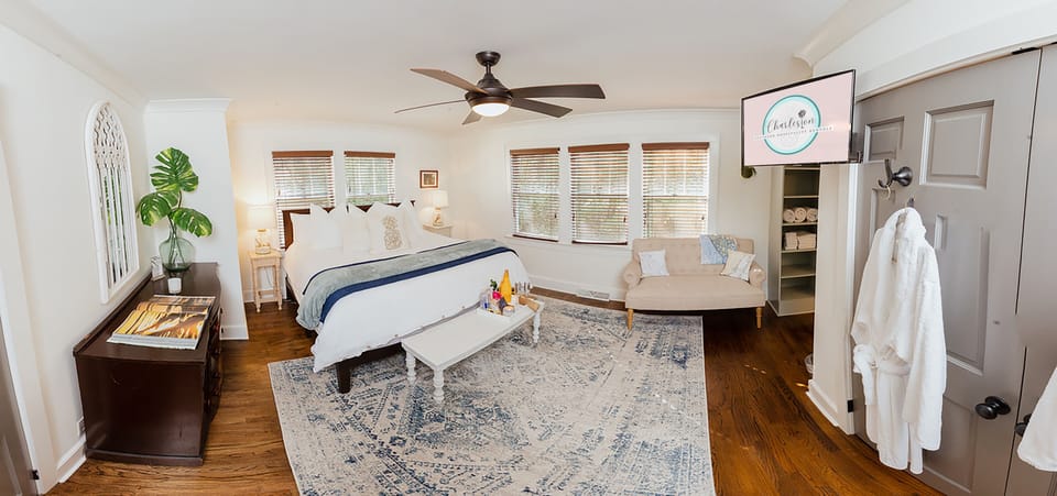 Primary bedroom with king bed with new Zinus foam mattress and Roku Smart TV