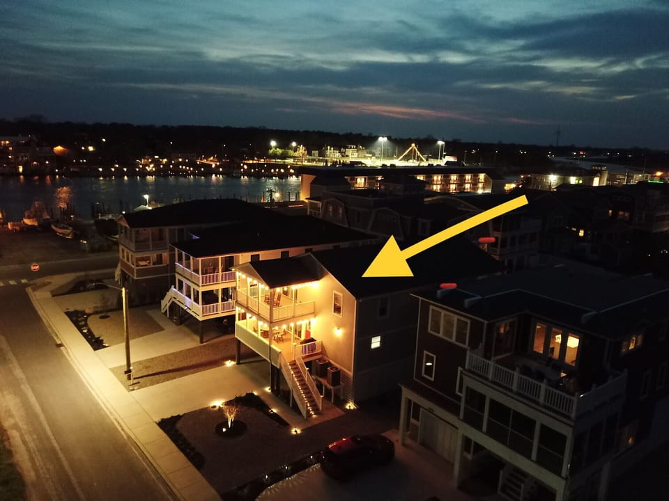 Front of house at night looking toward Lewes Canal and Overfalls