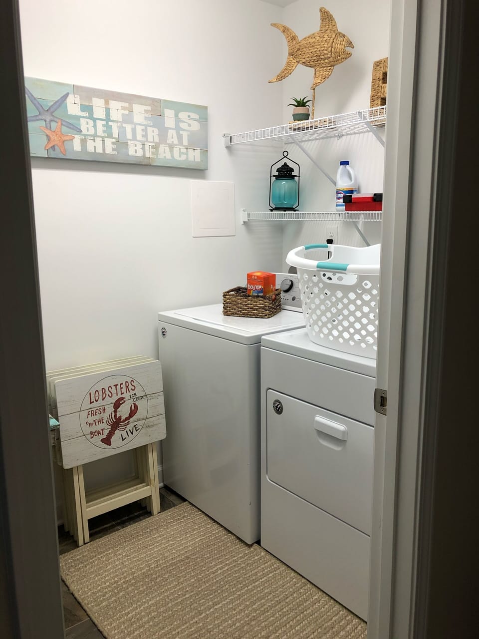 Laundry pods, dryer sheets , flashlights ,food trays ,vacuum , and first aid kit