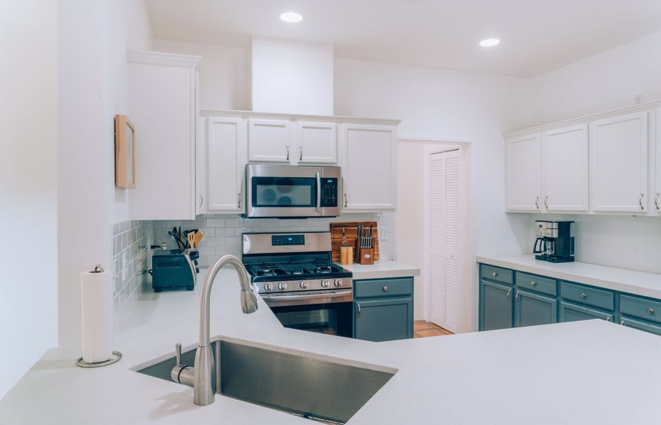 Wide kitchen counters, ideal for family style, coffee maker, microwave