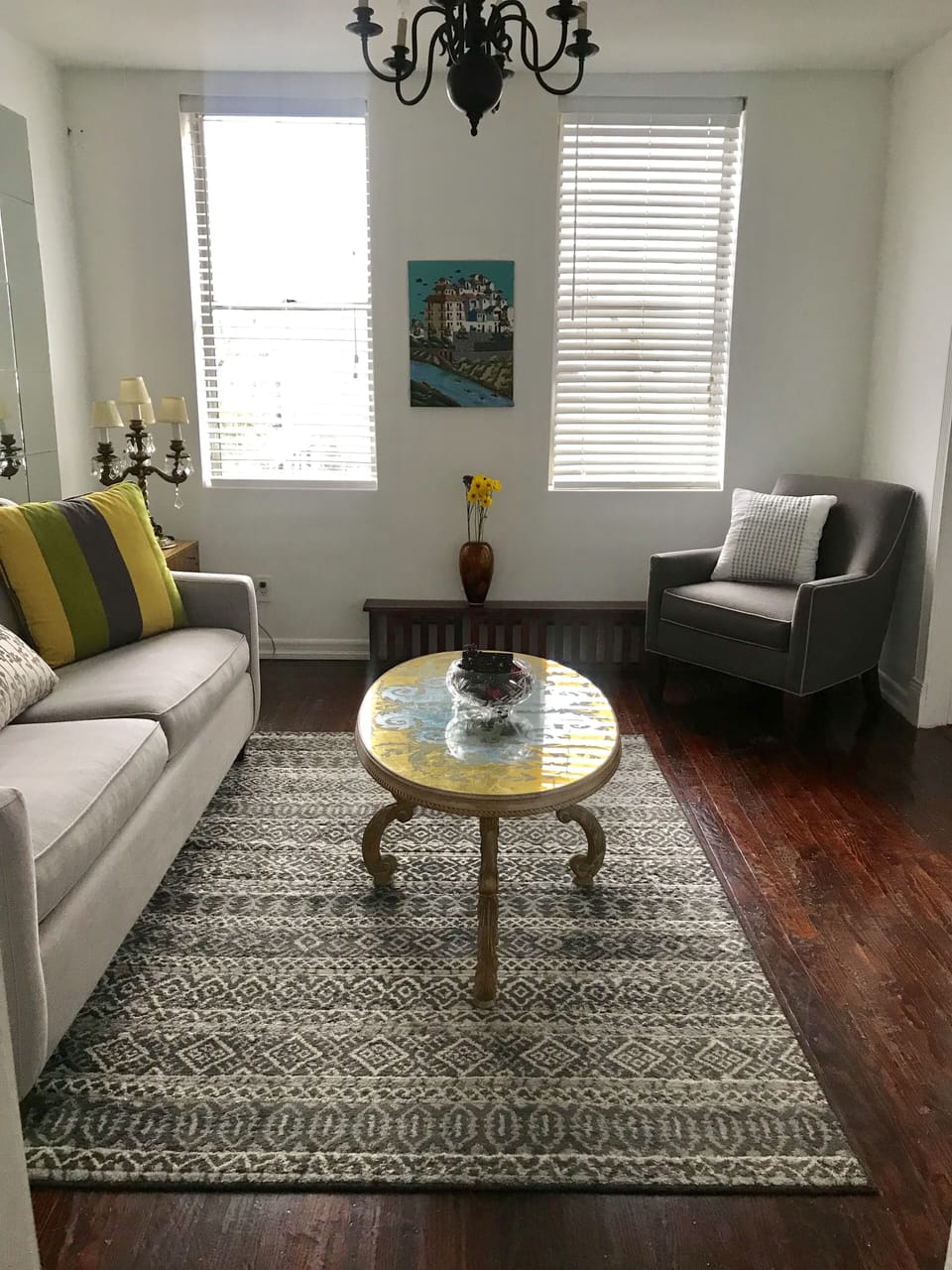 Living Room (Original art, antique coffee table and table lamp)