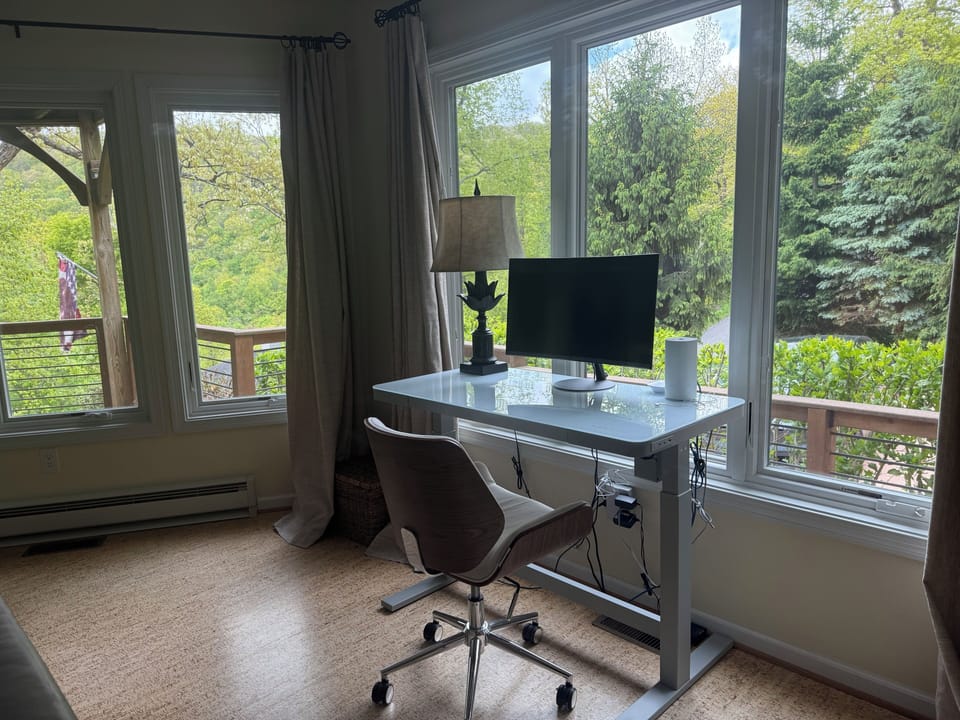 Remote work station with adjustable desk and monitor