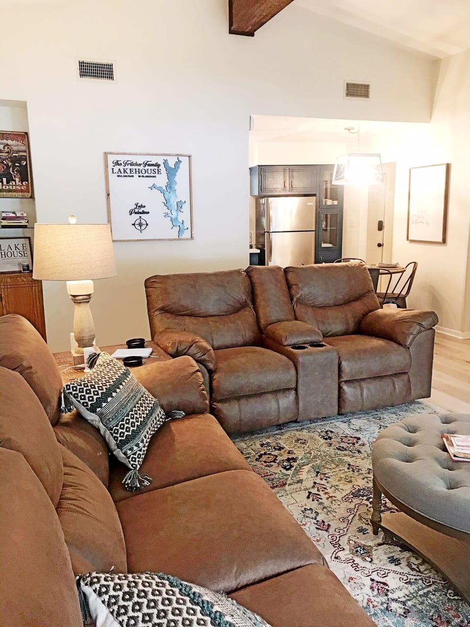 Living Room with Recliner, Sofa & Loveseat & 52” Flatscreen, Amazon Echo Music