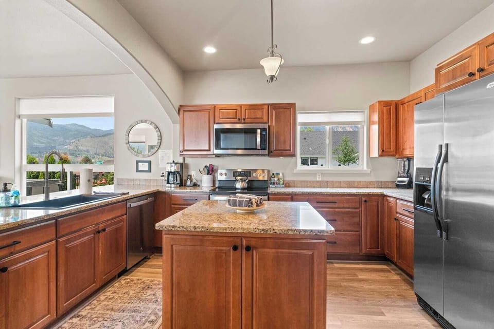 Chef's kitchen is stocked with most things you'll need to cook a meal including pots & pans, basic spices, waffle iron, instant pot, etc.