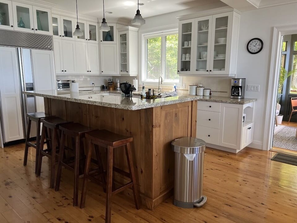 Gourmet kitchen with surround sound music.