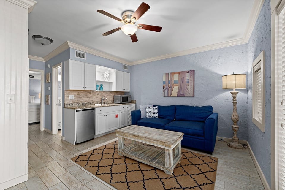 First floor apartment living area with queen sleeper sofa and kitchenette 