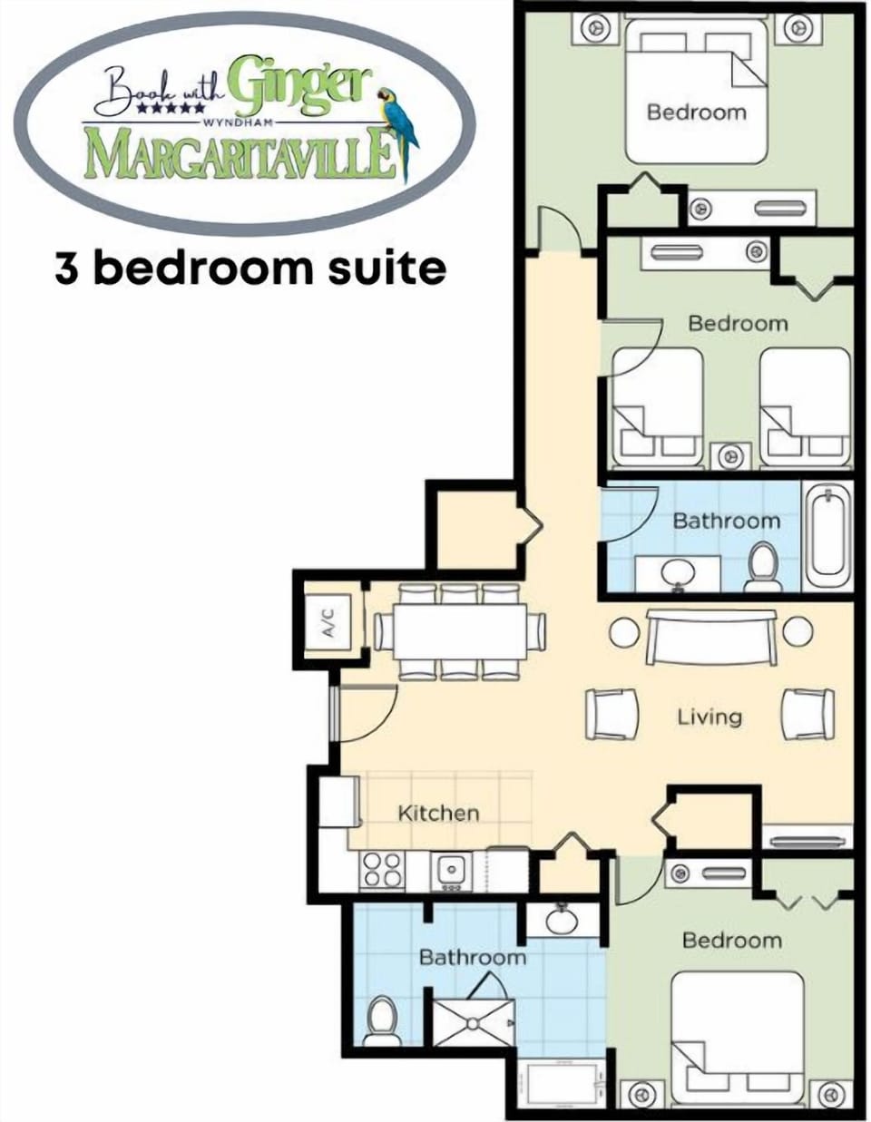 open concept floorplan with 3 bedrooms