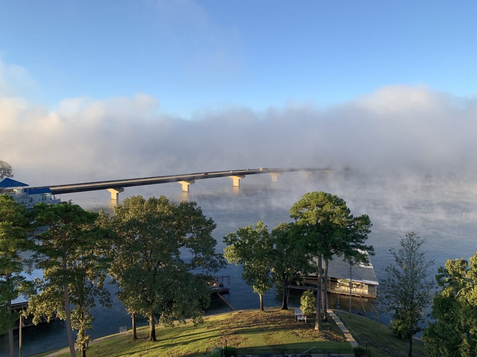 Fog coming off the lake on a fall morning.