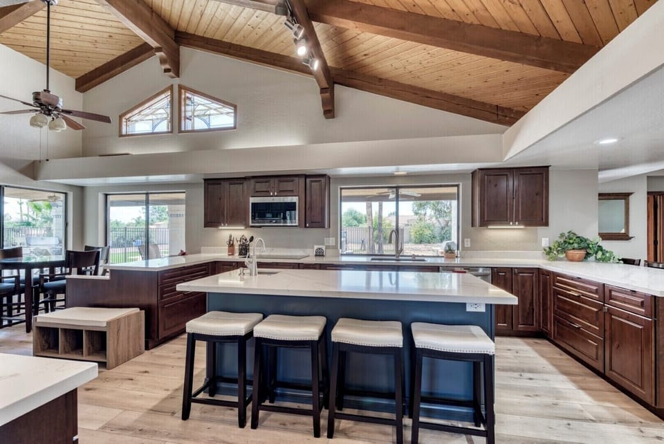 Kitchen and large center island with additional seating
