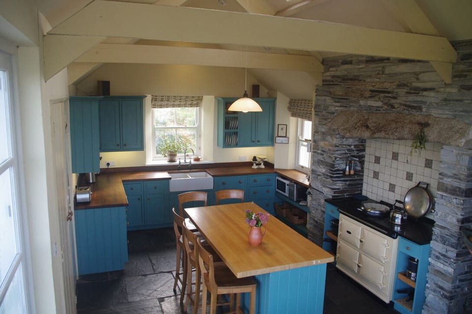 Kitchen with island and Aga range cooker