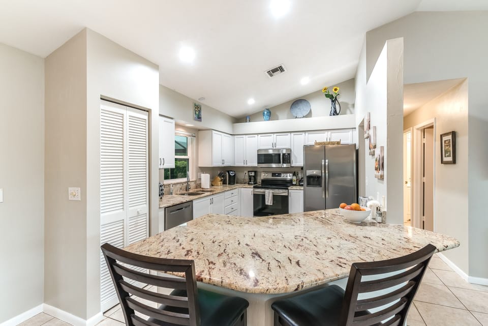 Kitchen view with large island