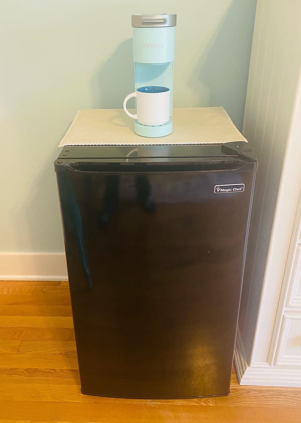 Mini fridge and Keurig coffee maker