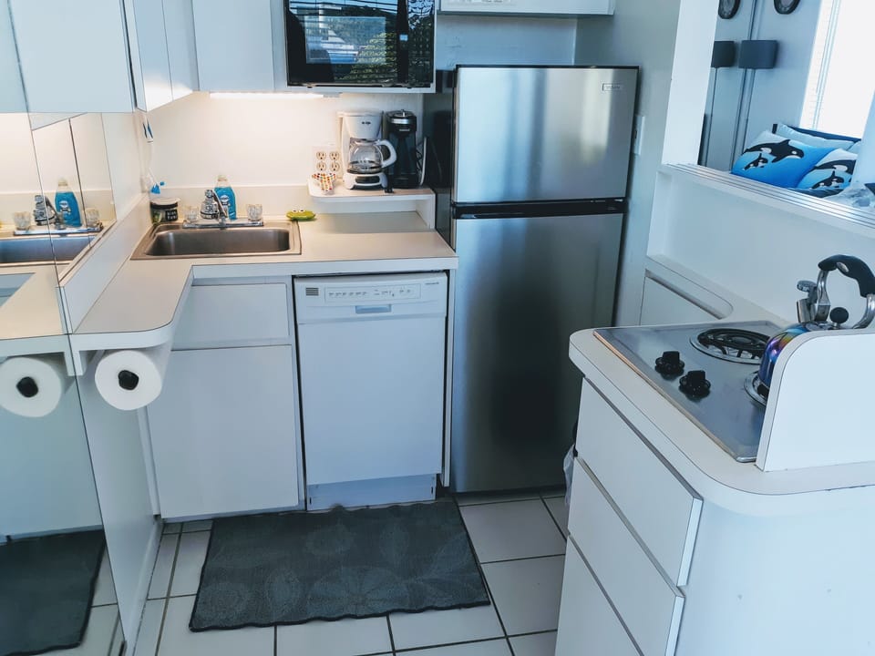New refrigerator/freezer, microwave, dishwasher, 2-burner electric stove.